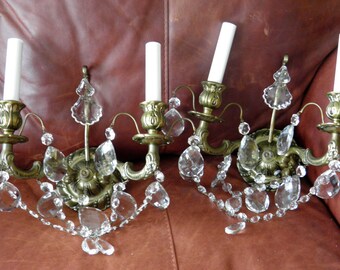 PAIR Vintage Sconces Antique Sconces Electric Brass Bronze Ornate Design Swedish Quality Huge Crystal Prisms Stunning! at LightsFantastic