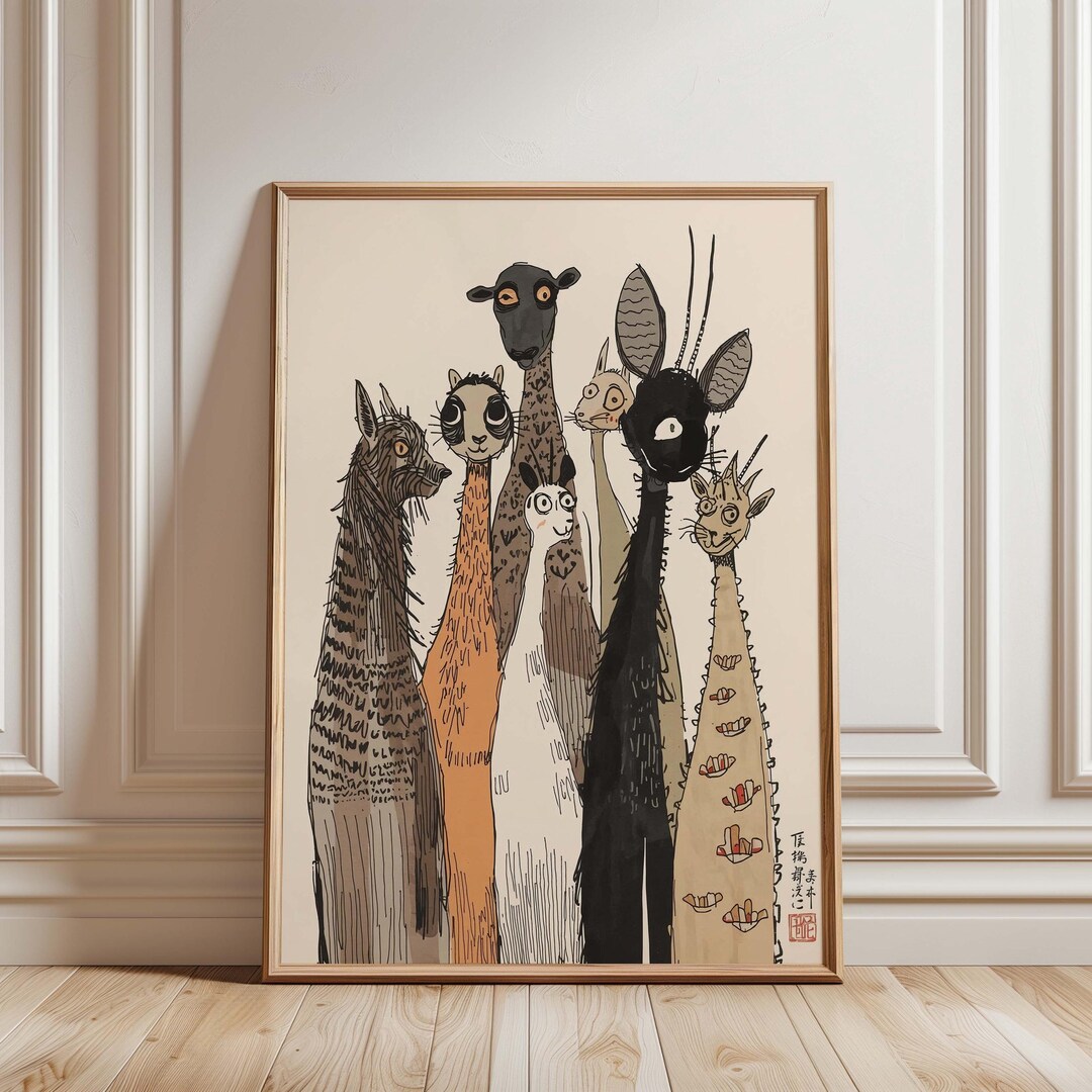 Whimsical Animaljapanese Wall Art Print, Hand Drawn Japanese Style ...