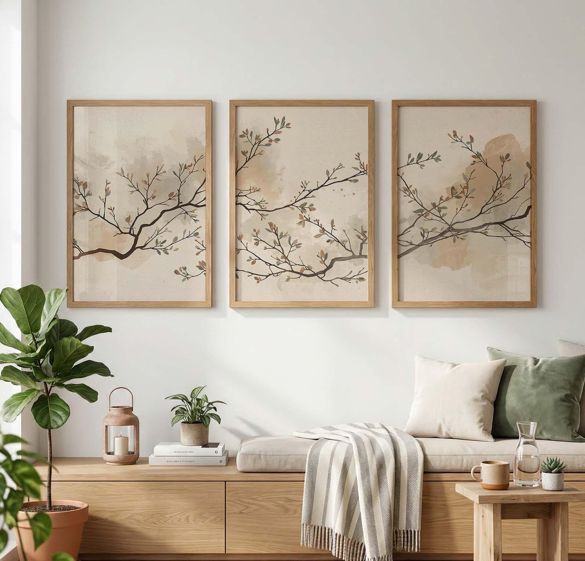 Neutral Botanical Wall Art Set of 3, Japandi Triptych Wall Art ...