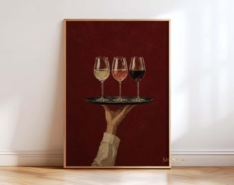 Peut inclure: Une impression d'art mural encadrée représentant une main tenant un plateau circulaire sombre avec trois verres à vin à pied. Les verres contiennent respectivement du vin blanc, rosé et rouge. Le fond est d'un rouge bordeaux profond.