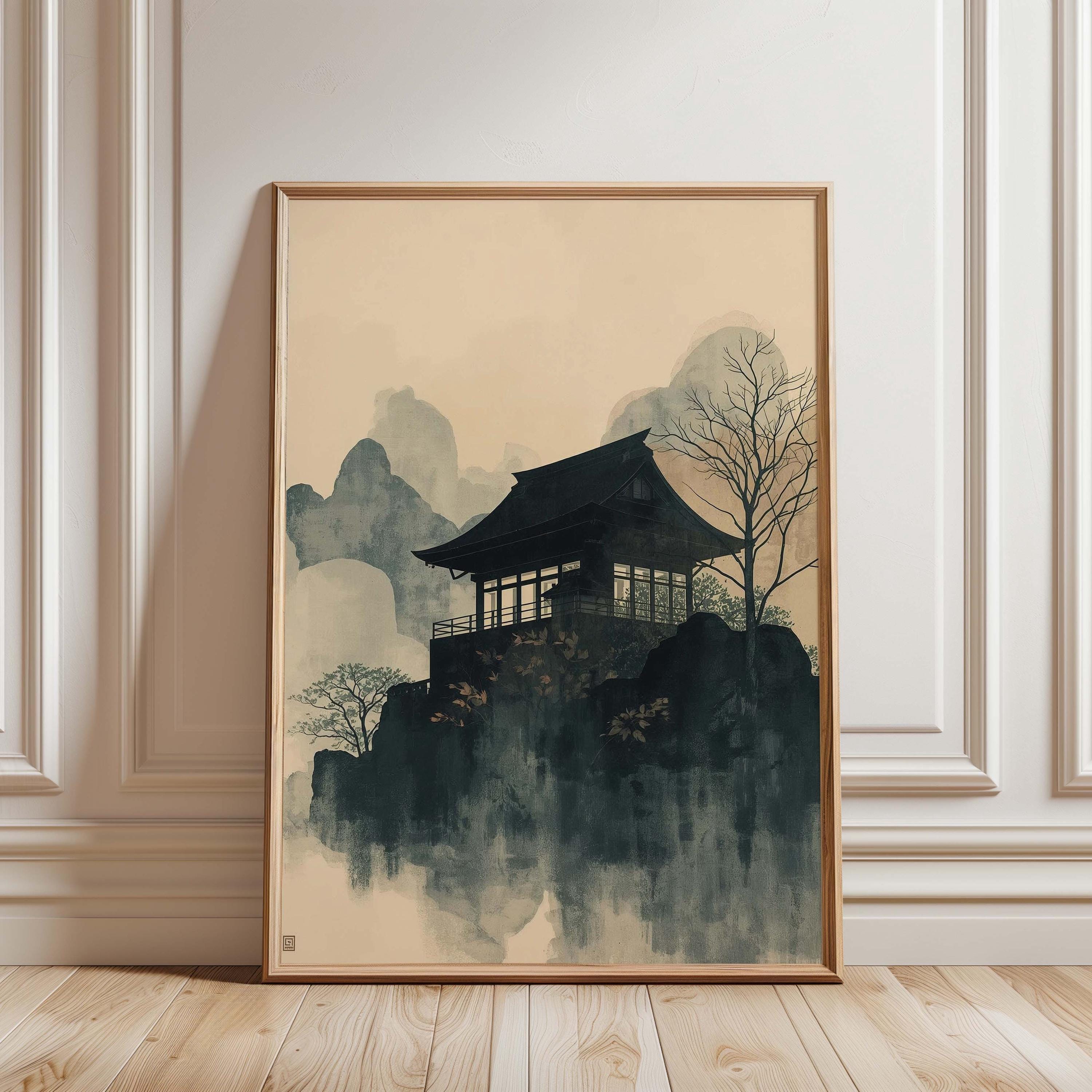 Mountain Temple Japanese Wall Art Print – Zen Landscape Painting, Asian ...