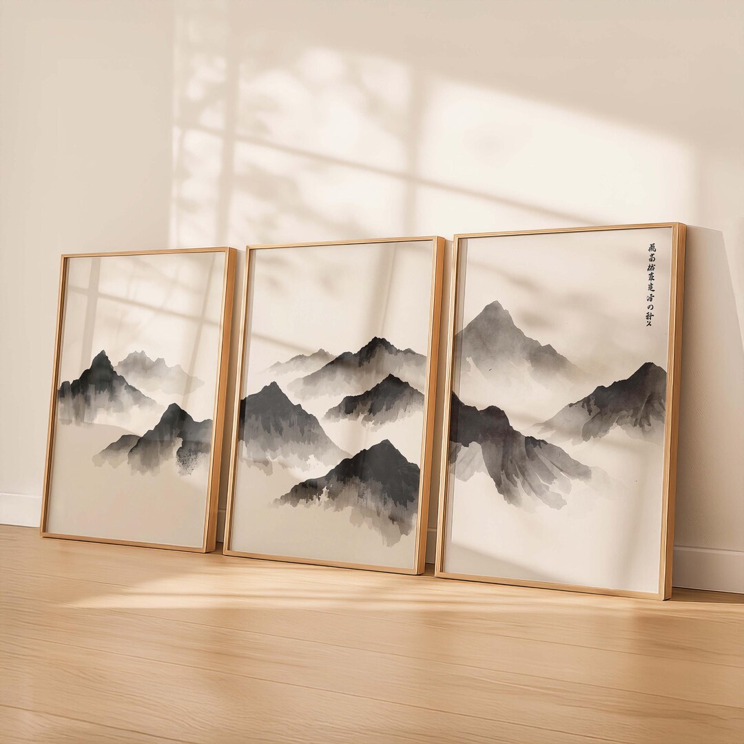 Japandi Mountain Wall Art Set of 3, Japanese Ink Triptych, Neutral ...
