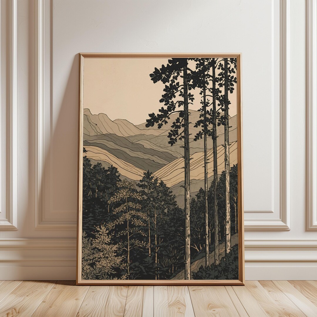 Vintage Mountain Forest Japanese Wall Art Print, Pine Tree Landscape ...