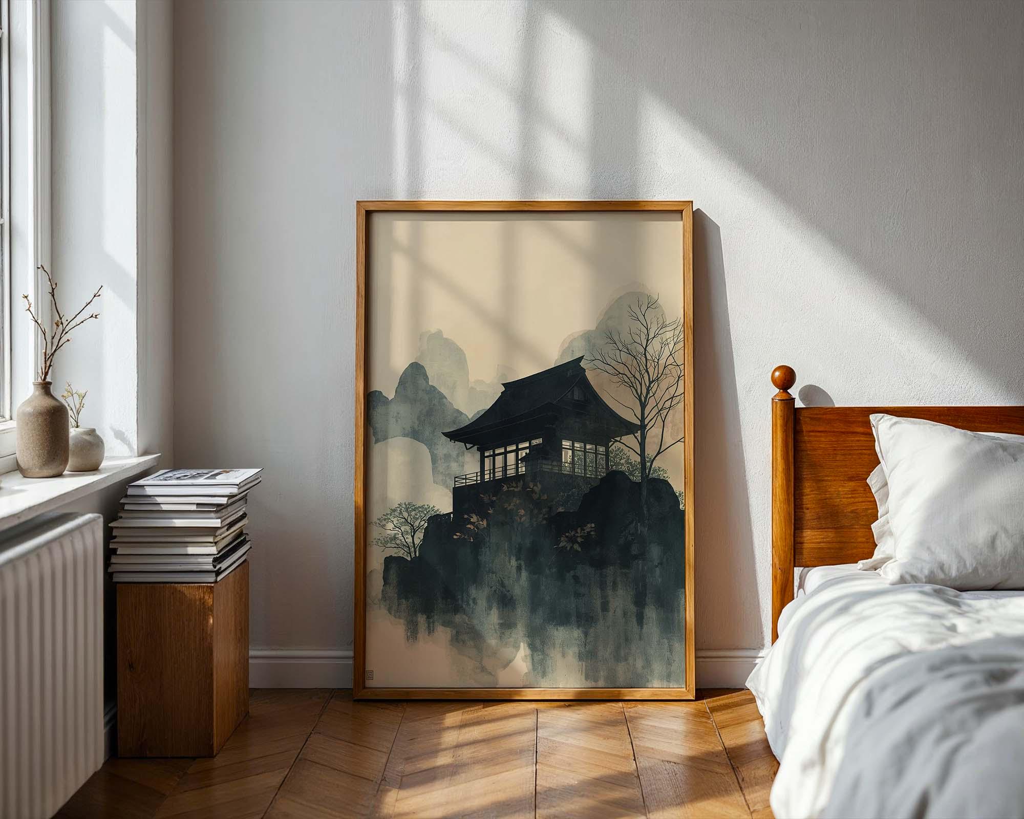 Mountain Temple Japanese Wall Art Print – Zen Landscape Painting, Asian ...