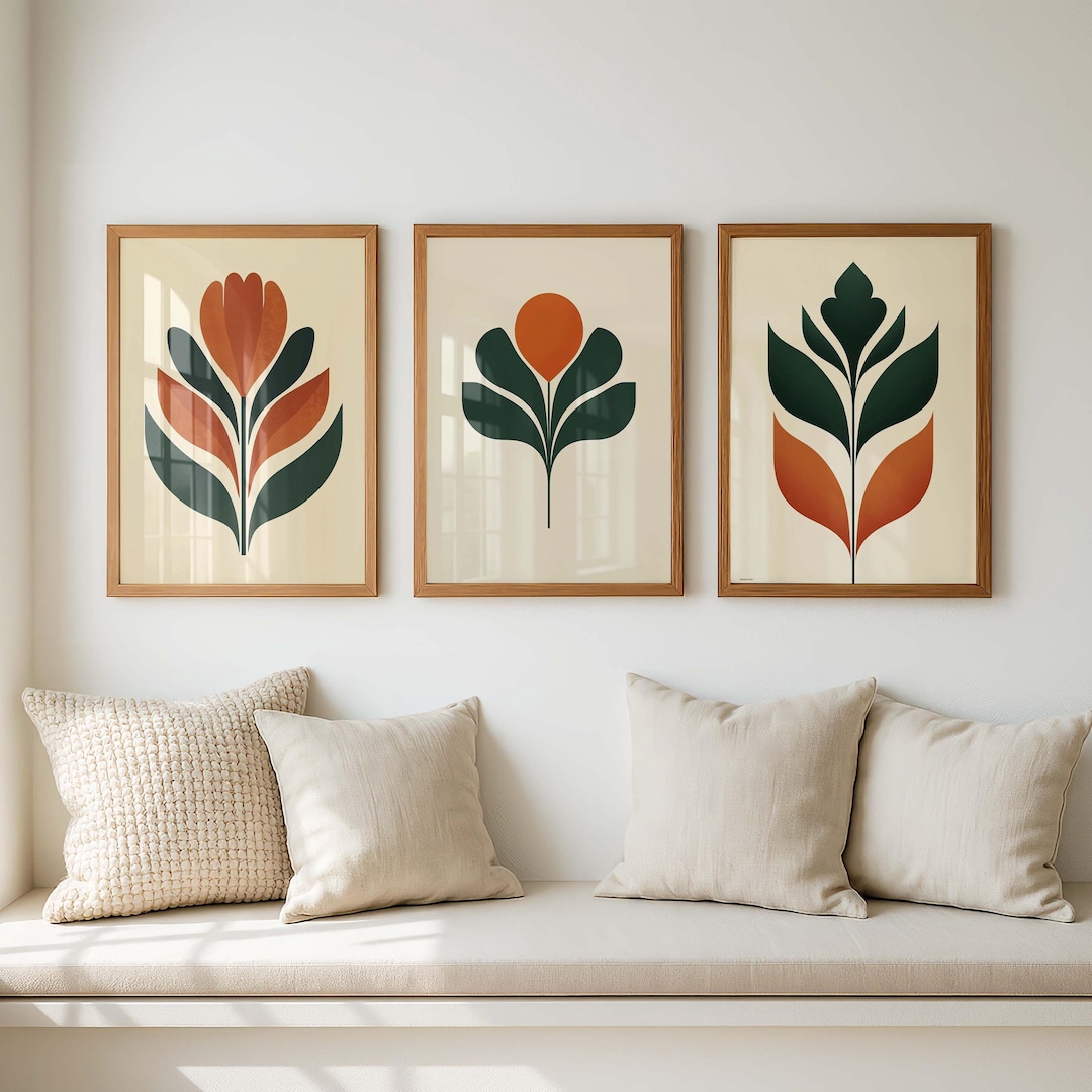 Retro Floral Prints Mid Century Modern Botanical Wall Art Set of 3 ...