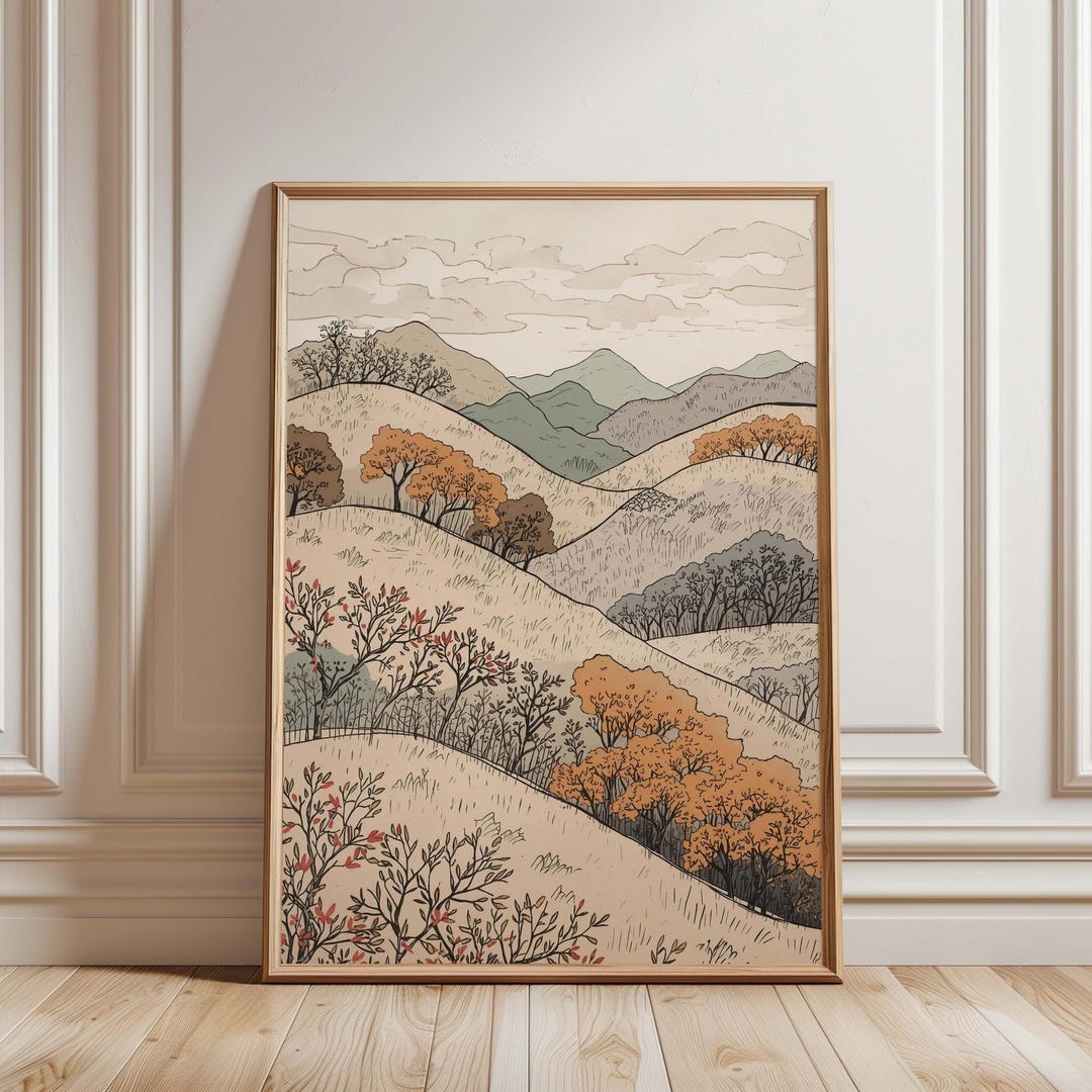 Autumn Mountain Landscape Japanese Wall Art Print – Minimalist Japandi ...