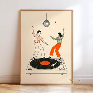 Retro Dancing on Vinyl Print, Record Player Wall Art, Disco Line Drawing Poster, Minimalist Music Lover Decor, Mid Century DJ Gift