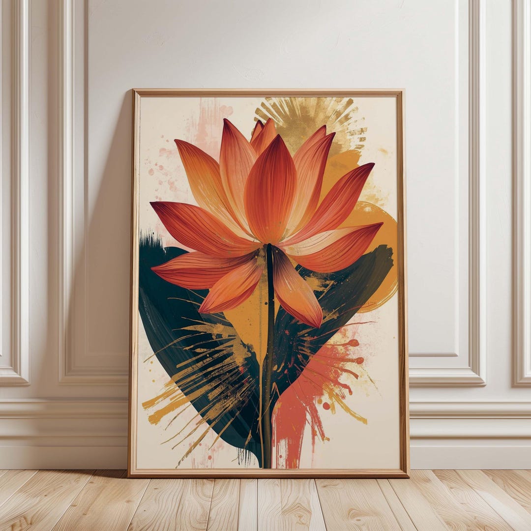 Boho Lotus Flower Wall Art Print, Mid Century Modern Botanical Poster ...