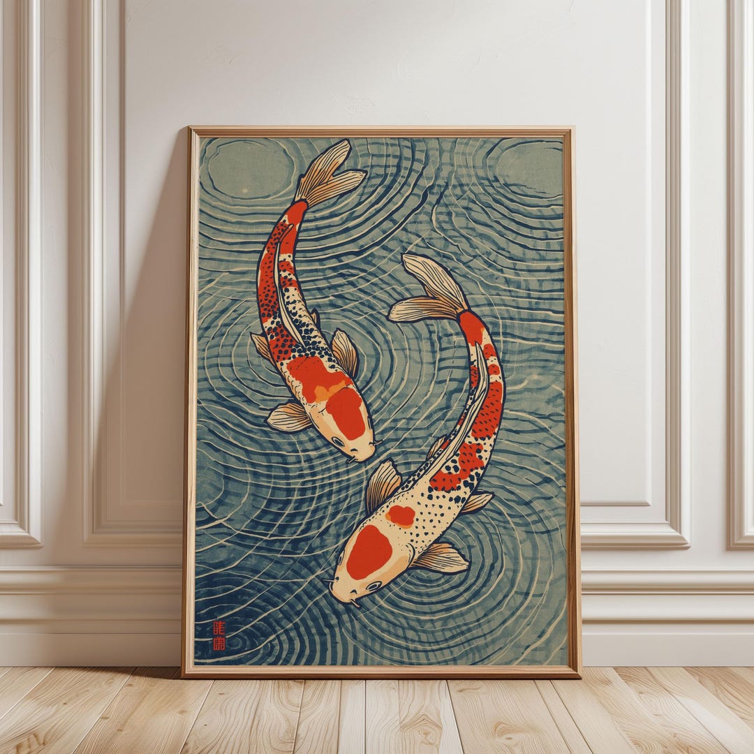 Japanese Koi Fish Wall Art Print – Vintage Ukiyo-e Style Teal Blue ...