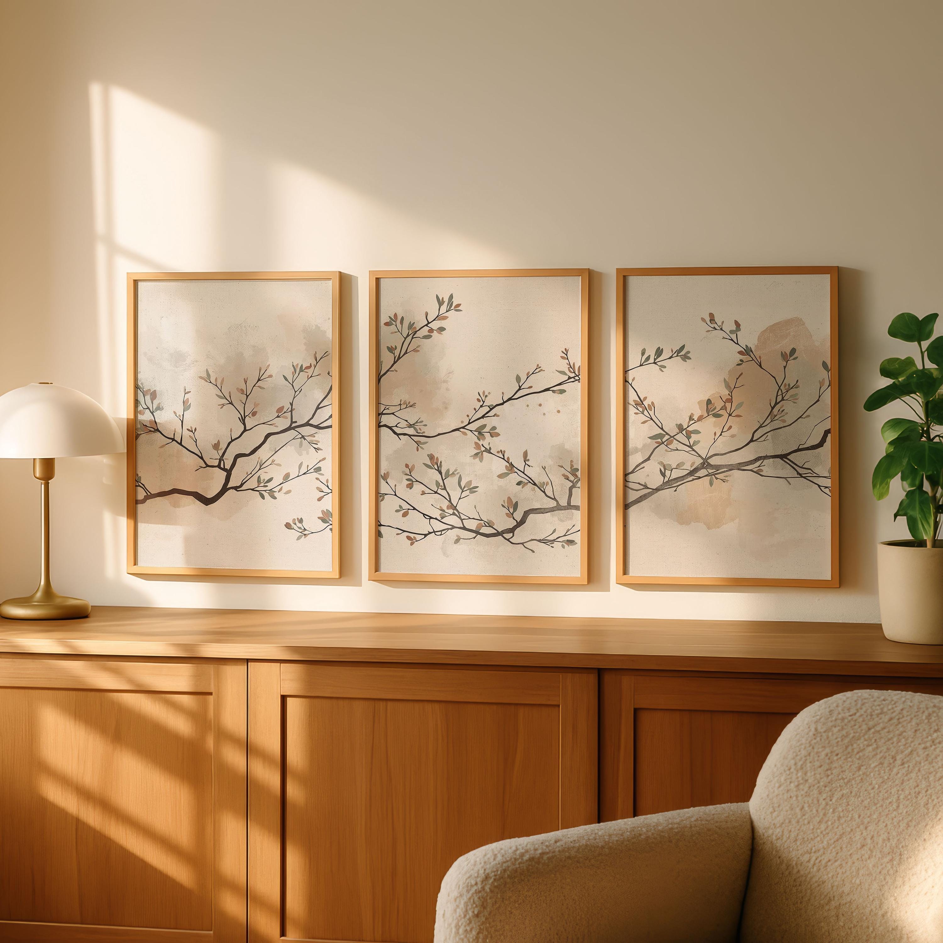 Neutral Botanical Wall Art Set of 3, Japandi Triptych Wall Art ...