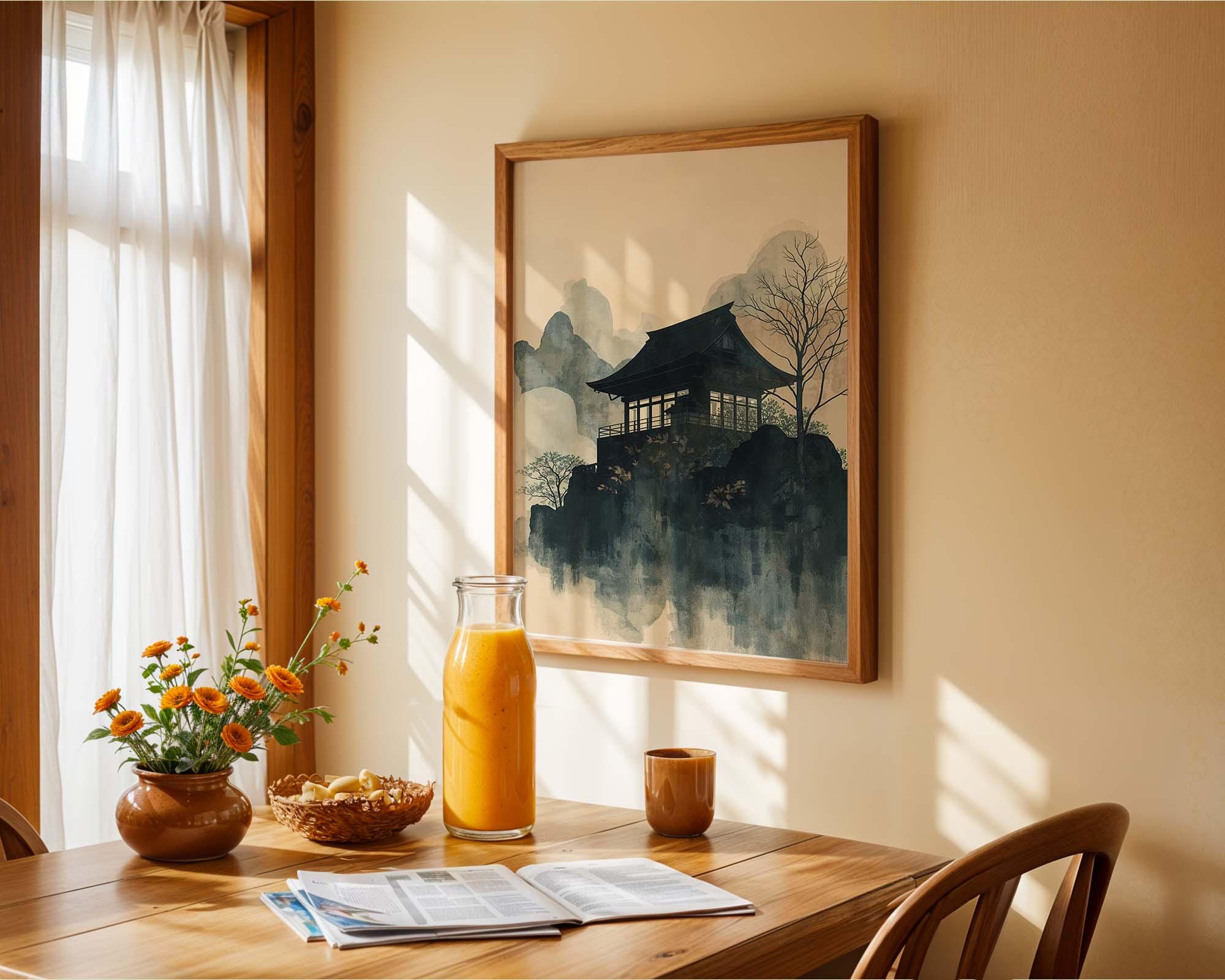 Mountain Temple Japanese Wall Art Print – Zen Landscape Painting, Asian ...