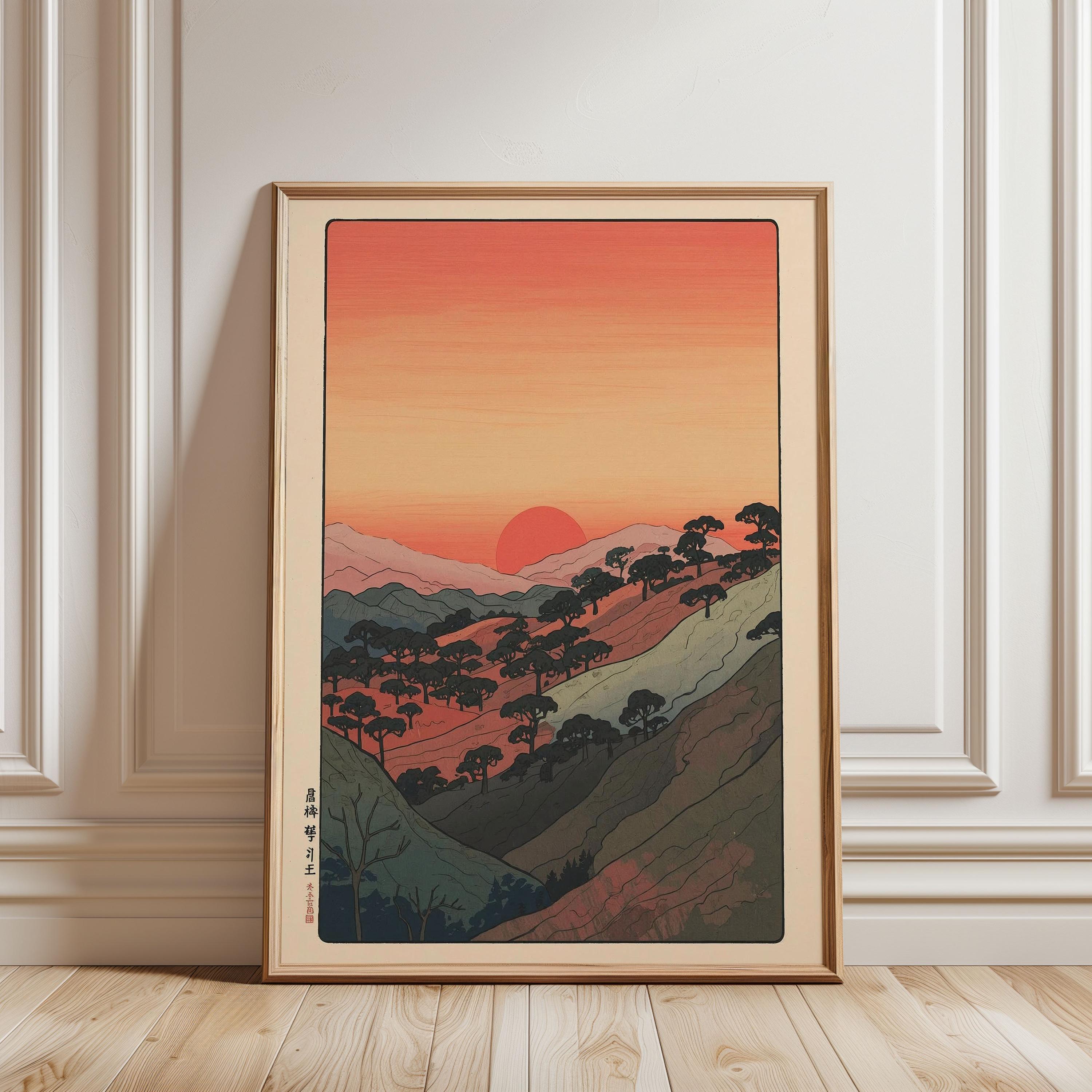 Japanese Landscape Sunset Wall Art Print, Ukiyo-e Style Mountain Art ...