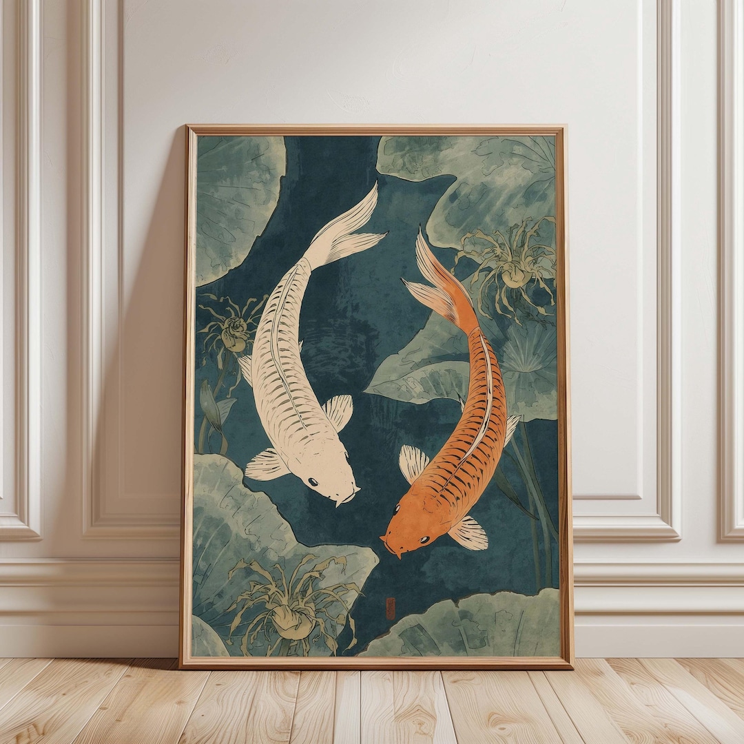 Japanese Koi Fish Wall Art Print, Japandi Vintage Koi Fish Illustration ...