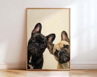May include: A framed wall art print featuring a portrait of two French Bulldogs. One dog is solid black with a small white patch on its chest, while the other is a fawn brindle color. Both dogs have large, upright ears and dark, expressive eyes.