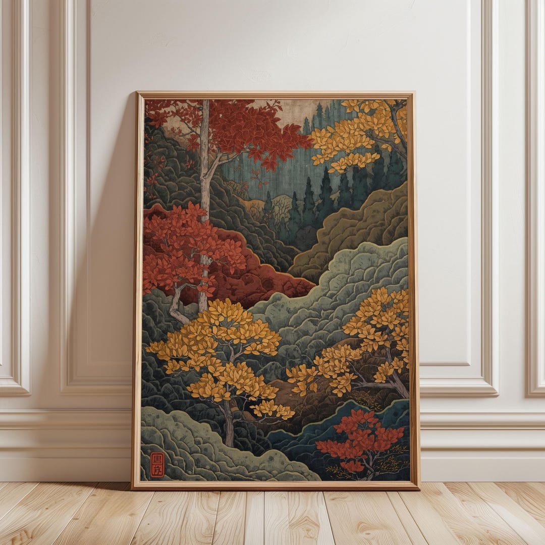 Japanese Autumn Landscape Wall Art Print – Vintage Ukiyo-e Style Forest ...