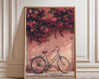 Vintage Fahrradwand-Kunstdruck, rosa Blumen-Wanddekor, ästhetisches Plakat der Pariser Straße, romantische Reise-Wandkunst, Cottagecore Blumendruck