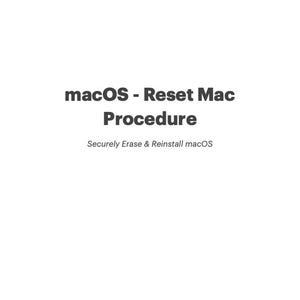 May include: A white document with the text "macOS - Reset Mac Procedure" in bold, dark gray font. Below, smaller text reads "Securely Erase & Reinstall macOS." The AppleSupportPlaybook logo is at the top.