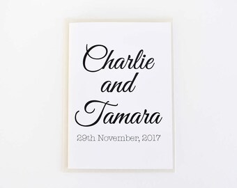 Personalised Wedding or engagement card - Custom names and event date - Elegant white wedding card