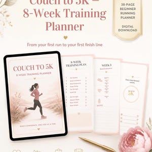 May include: A 38-page Couch to 5K 8-week training planner digital download featuring a tablet displaying a runner illustration, training schedule pages, a gold pen, and a pink peony flower. The text includes Couch to 5K 8-Week Training Planner.