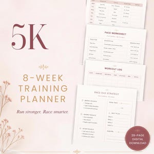 May include: A 5K 8-week training planner digital download featuring four pages: a weekly plan, pace worksheet, workout log, and race-day strategy. The text includes 5K, 8-week training planner, Run stronger. Race smarter., 4 run days/week, speed + endurance, race-day strategy, and 39-page digital download.