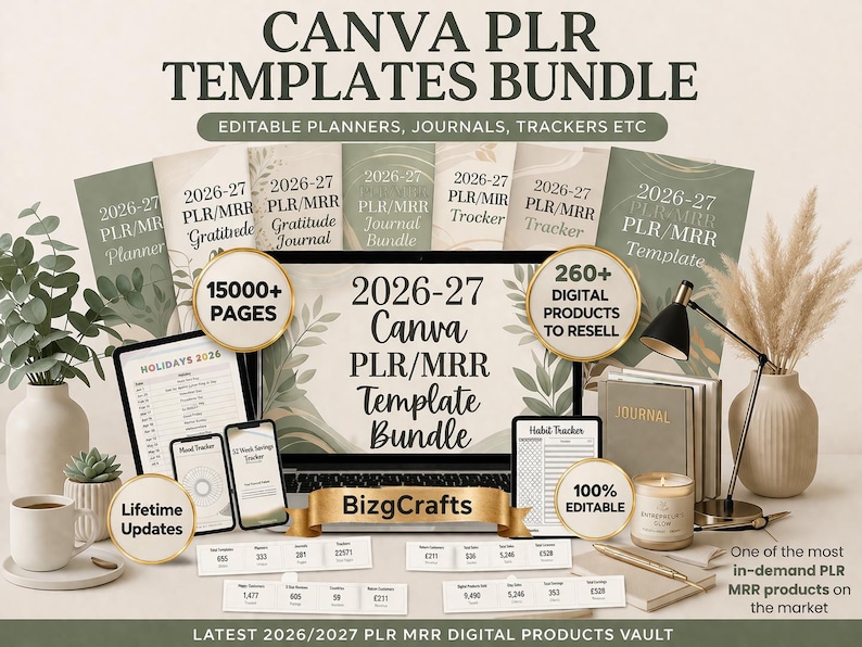 Canva PLR Templates Bundle, 15000+ Editable Planners, Journals, Trackers Templates, MRR Digital Products, Master Resell Rights, Plr Template