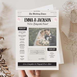 May include: A wedding announcement designed to look like a newspaper front page. The headline reads "EMMA & JACKSON We're Tying the Knot!" with a photo of the couple. The announcement includes wedding party details and ceremony order.