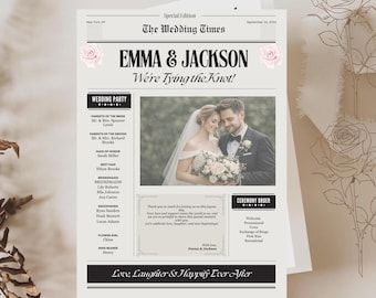 Wedding Newspaper Program Template, Foldable Ceremony Itinerary, Editable Order of Service (Digital Download)