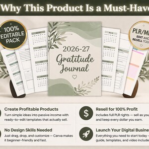 May include: A 2026-27 Gratitude Journal with a soft green cover and botanical accents. The image includes editable templates, calendars, and the text "Why This Product Is a Must-Have." It also features the text "PLR/MRR EDIT AND RESELL TODAY."