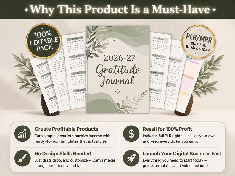 May include: A 2026-27 Gratitude Journal with a soft green cover and botanical accents. The image includes editable templates, calendars, and the text "Why This Product Is a Must-Have." It also features the text "PLR/MRR EDIT AND RESELL TODAY."