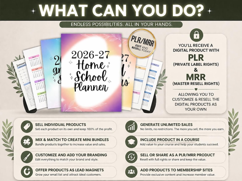 May include: A graphic promoting digital products, including a 2026-27 Home School Planner, with the text "WHAT CAN YOU DO?" and information on PLR/MRR. It details options for selling, customising, and incorporating products into courses or membership sites. The design uses a soft colour palette.