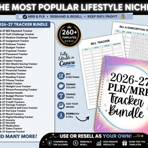 May include: A digital product bundle named "2026-27 Tracker Bundle" with over 260 templates. The image shows a spiral-bound notebook, printable trackers, and a list of tracker types, including bill payment, budget, and fitness. The product is fully editable in Canva.