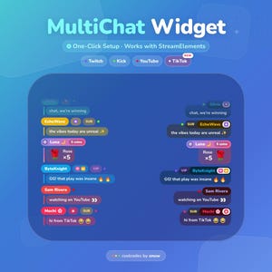 May include: A MultiChat Widget interface display featuring a blue gradient background with text labels for Twitch, Kick, YouTube, and TikTok. The widget shows various chat message examples with usernames, icons, and status badges in a list format.