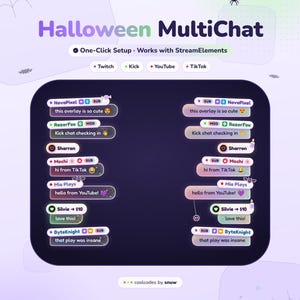 May include: A Halloween MultiChat digital overlay graphic for streaming, featuring a dark purple chat box with multiple user messages, icons, and platform labels for Twitch, Kick, YouTube, and TikTok, set against a light purple background.
