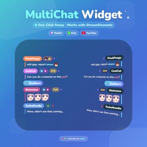 May include: A digital graphic promoting a MultiChat Widget, with a blue and purple gradient background. The text includes "MultiChat Widget" and "One-Click Setup. Works with StreamElements." It shows chat examples from Twitch, Kick, and YouTube.