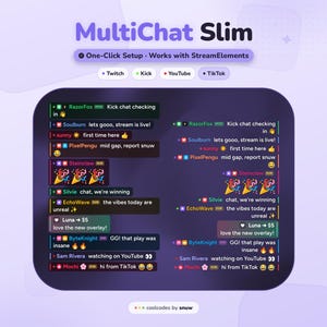 May include: MultiChat Slim software interface featuring a dark purple chat box with user messages from Twitch, Kick, YouTube, and TikTok. The display shows usernames, badges, and text comments with emojis, plus a One-Click Setup label by snuw.