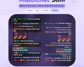 MultiStream Chat Widget (Slim) • Twitch Kick YouTube TikTok MultiChat Overlay • Customizable Animated Gradient Alerts • OBS StreamElemenets