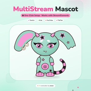 以下が含まれることがあります： MultiStream Mascotと題されたデジタルグラフィックで、ピンクのアクセント、大きな目、2本の小さな角を持つティール色の生き物が描かれています。デザインには、One-Click Setup、Works with StreamElements、およびTwitch、Kick、YouTube、TikTokのプラットフォーム名が含まれています。