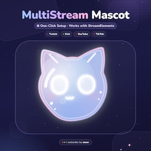 Może przedstawiać: Cyfrowa grafika zatytułowana MultiStream Mascot przedstawiająca świecącą, półprzezroczystą, jasnoniebiesko-różową postać w kształcie kota z dużymi okrągłymi oczami i małym pyszczkiem. Tekst zawiera One-Click Setup, Works with StreamElements, Twitch, Kick, YouTube, TikTok oraz coolcodes by snuw.