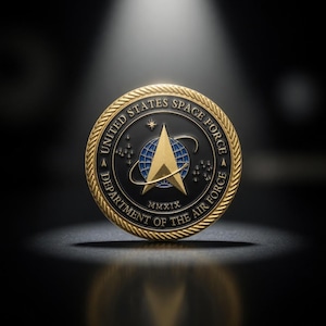 May include: A gold-colored United States Space Force coin. The coin features the Space Force emblem with a gold arrow over a blue globe, surrounded by text. The coin is on a black surface.