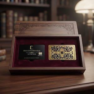 May include: A dark wooden display box with a maroon velvet interior containing two rectangular cards. One card is black with gold text reading THE CONTINENTAL, NEW YORK ROME, JOHN WICK, and AN OASIS OF CALM AND CIVILITY. The other is a gold card with ornate filigree.