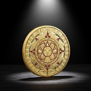 May include: A gold-colored coin featuring a detailed Aztec calendar design. The coin has intricate patterns and red accents, with a central sun face. The coin is displayed against a dark background, highlighting its detailed craftsmanship.