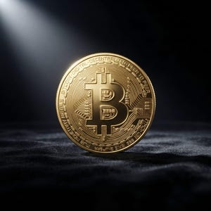 May include: A circular gold-coloured Bitcoin token featuring a central embossed B symbol with a vertical line. The outer rim is inscribed with the text BITCOIN DIGITAL DECENTRALIZED PEER TO PEER. The coin surface displays intricate circuit board patterns.