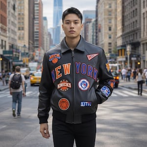 Puede incluir: Chaqueta de cuero negra con múltiples parches con las palabras "NEW YORK" y "KNICKS" en naranja y azul. La chaqueta tiene una cremallera frontal, un cuello y un dobladillo acanalado. Los parches incluyen balones de baloncesto y logotipos de equipos.