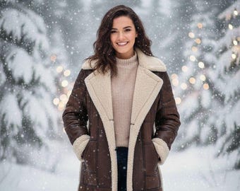 Women’s Brown Shearling Leather Jacket – Oversized Aviator Sheepskin Coat – Winter Fur Lined Biker Jacket