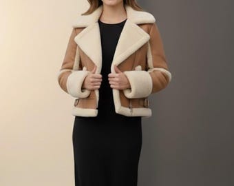 Women’s Brown Shearling Leather Jacket – Oversized Aviator Sheepskin Coat – Winter Fur Lined Biker Jacket
