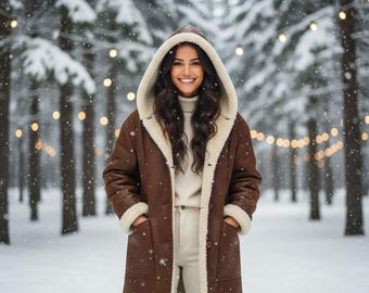 Women’s Brown Shearling Leather Jacket – Oversized Aviator Sheepskin Coat – Winter Fur Lined Biker Jacket