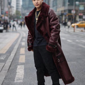 Men’s Burgundy Shearling Leather Long Coat – Luxury Winter Statement Jacket