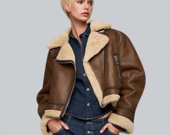 Women’s Brown Shearling Leather Jacket – Oversized Aviator Sheepskin Coat – Winter Fur Lined Biker Jacket
