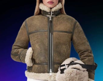 Women’s Brown Shearling Leather Jacket – Oversized Aviator Sheepskin Coat – Winter Fur Lined Biker Jacket