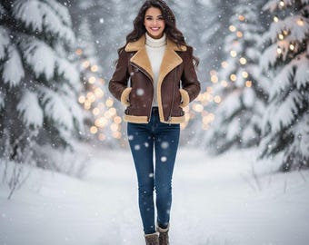 Women’s Brown Shearling Leather Jacket – Oversized Aviator Sheepskin Coat – Winter Fur Lined Biker Jacket